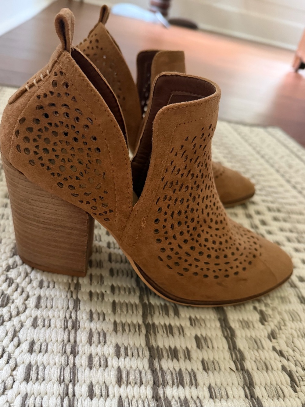 BEAST FASHION Tan Suede Perforated Cutout Ankle Booties